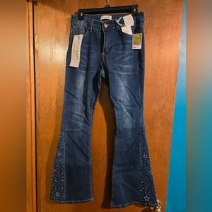 BAMBOO Blue Flare Wide Leg Jeans With Bedazzled Star Detail